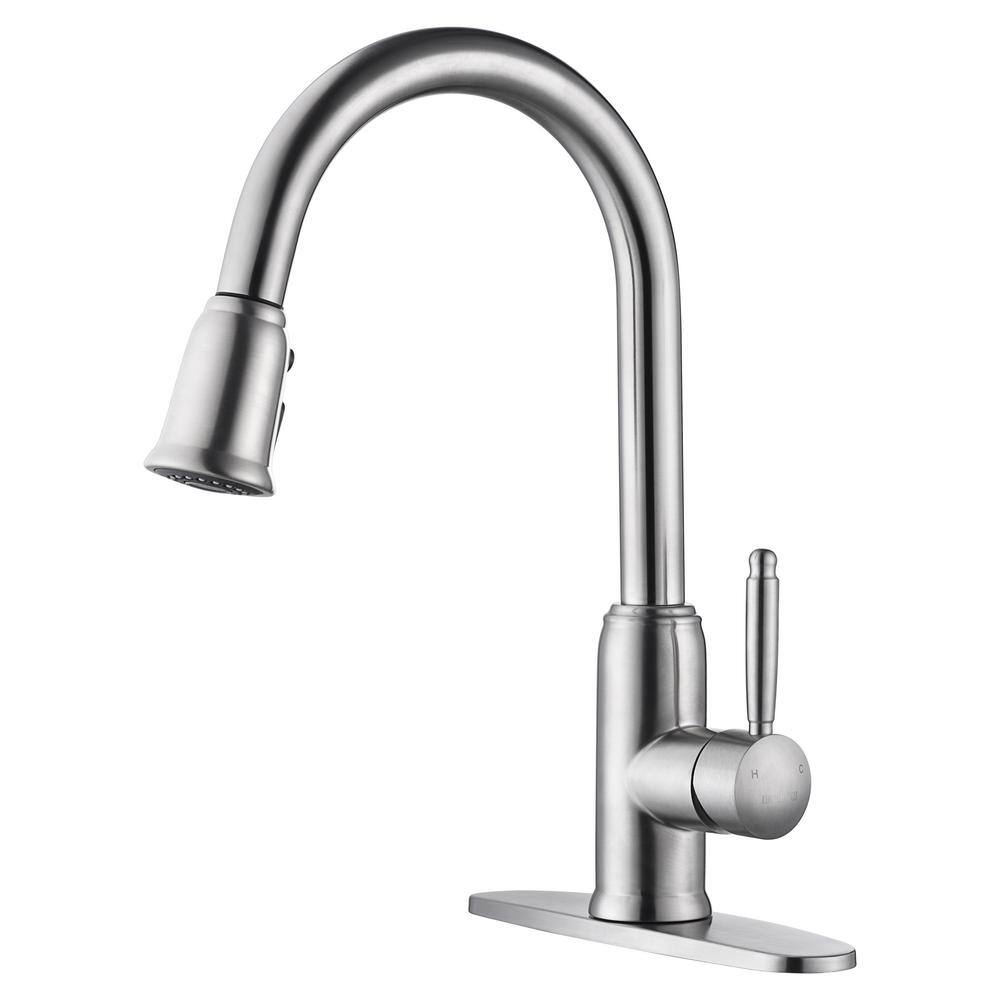 WOWOW Single-Handle Pull-Down Stainless Steel Sprayer Kitchen Faucet with PowerSpray and Temperature Control in Brushed Nickel 2310101-AMUS