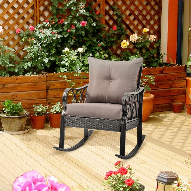 Outsunny Outdoor Wicker Rocking Chair With Padded Cushions Aluminum Furniture Rattan Porch Rocker Chair W Armrest For Garden Patio And Backyard