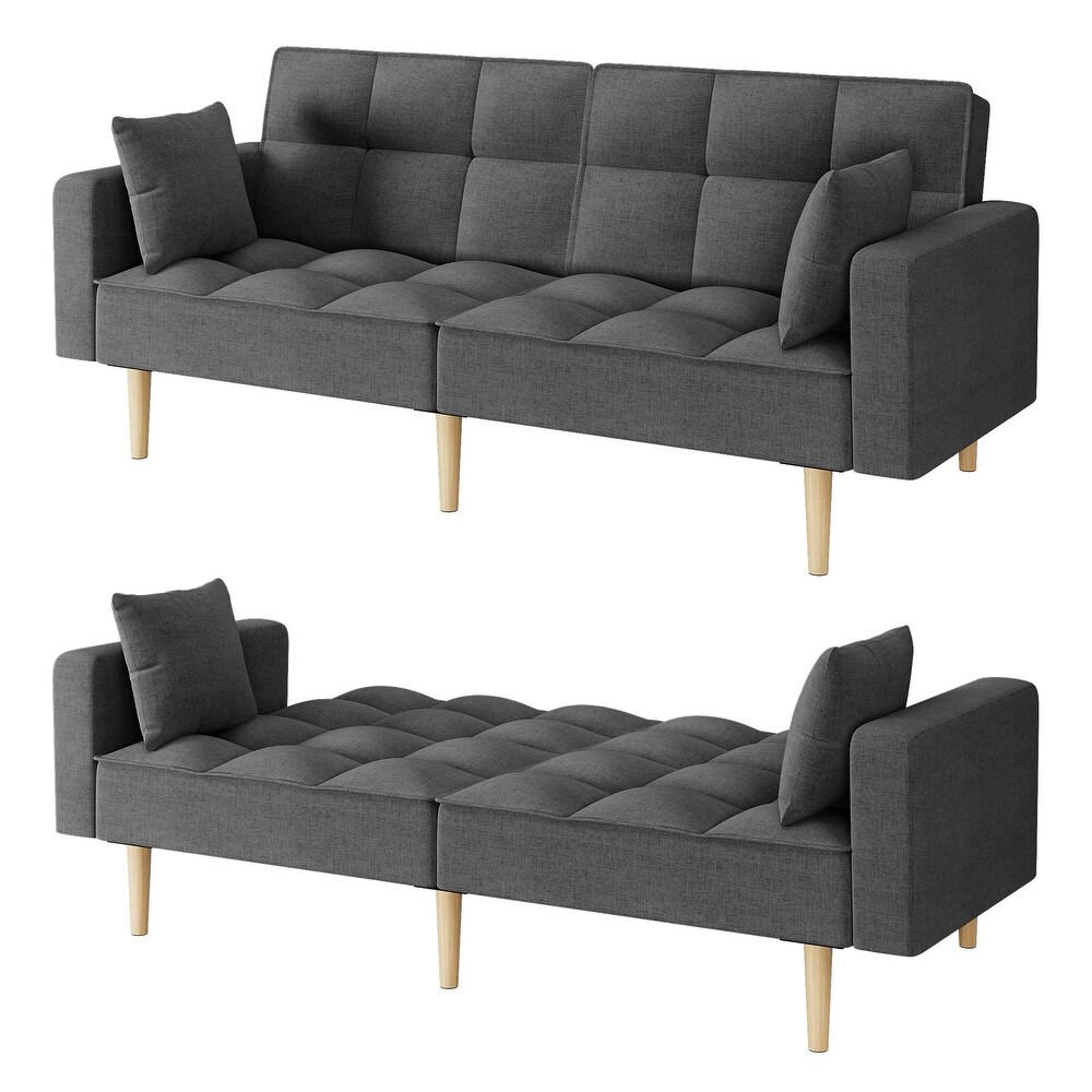 Linen Couches Upholstered Futon Sofa Bed with Thicken Wood Legs