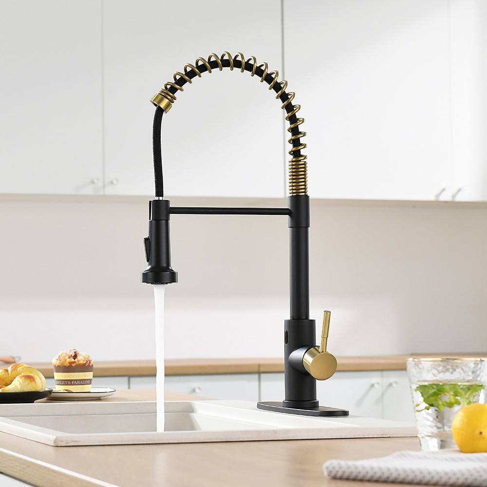 matrix decor Single Handle Touchless Pull Down Sprayer Kitchen Faucet with Deckplate in Black and Gold MD-ALIS1306BGD