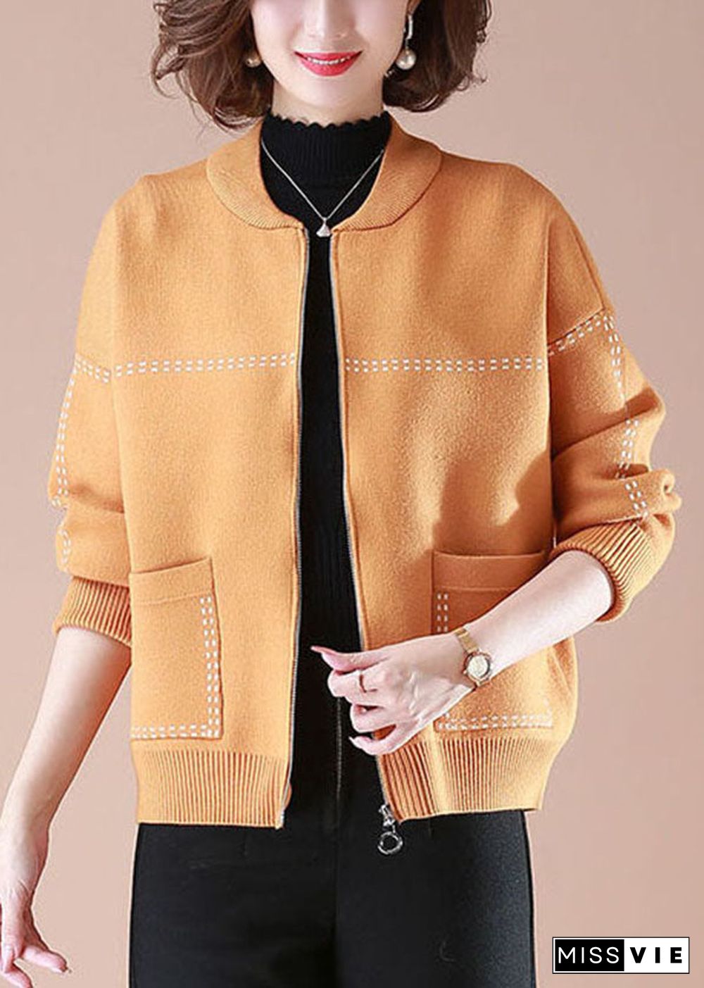 Stylish Orange O-Neck Zip Up Pockets Print Knit Coats Long Sleeve