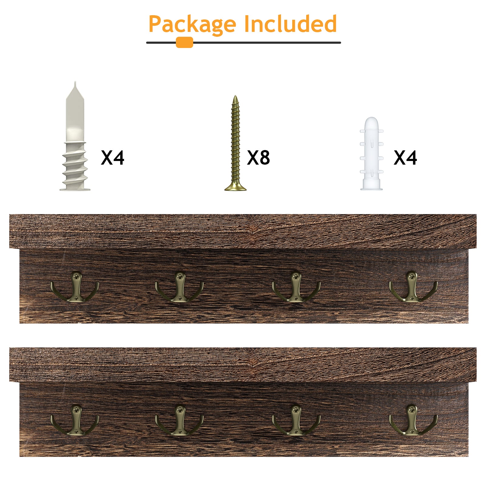 2 Pack Wall Mount Wood Floating Coat Rack /Display Shelf with 4 Metal Hooks for Wall Organizer