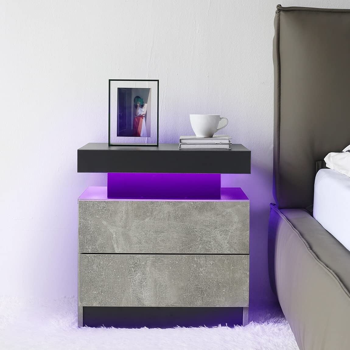 Nightstand LED Bedside Table LED Cabinet LED Lights Modern End Side Table with 2 Drawers for Bedroom (Grey)， - - 37636785