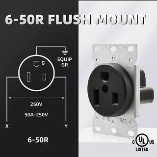 ELEGRP 50 Amp 250-Volt NEMA 6-50R Flush Mount Power Outlet Single Straight Blade Range and Dryer Outlet Grounding Black 2102S