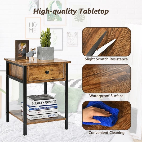 Industrial End Side Table Nightstand with Drawer Shelf - 16'' x 16'' x 22'' (L x W x H)