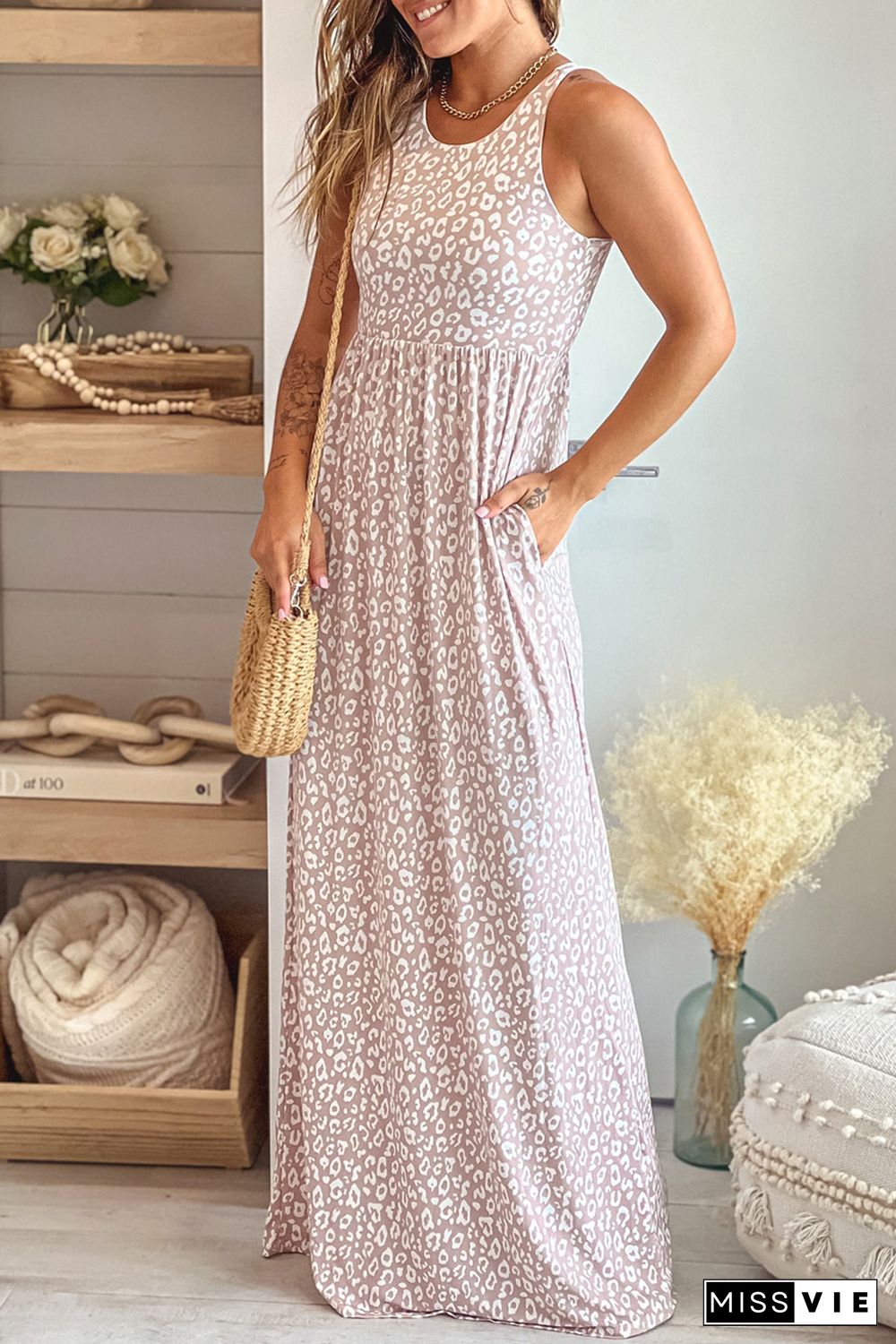 Pink Leopard Print Pocketed Sleeveless Maxi Dress