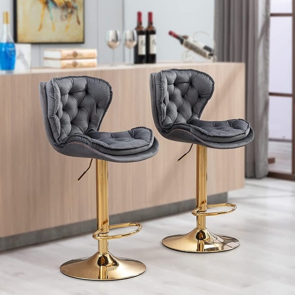 Velvet Tufted Bar Stools Set of 2， Metal Base