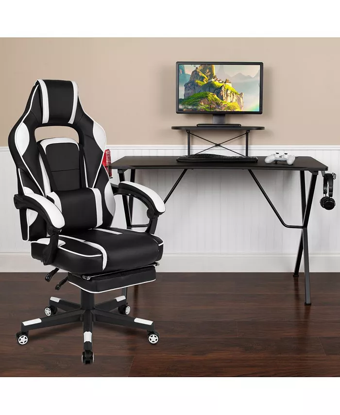 EMMA+OLIVER Gaming Bundle-Cup Headphone Desk and Reclining Footrest Chair