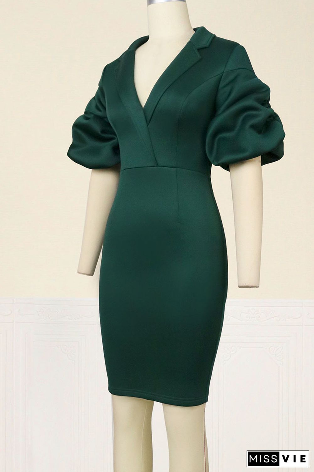 Ink Green Elegant Solid Patchwork Short Sleeve Dress Dresses