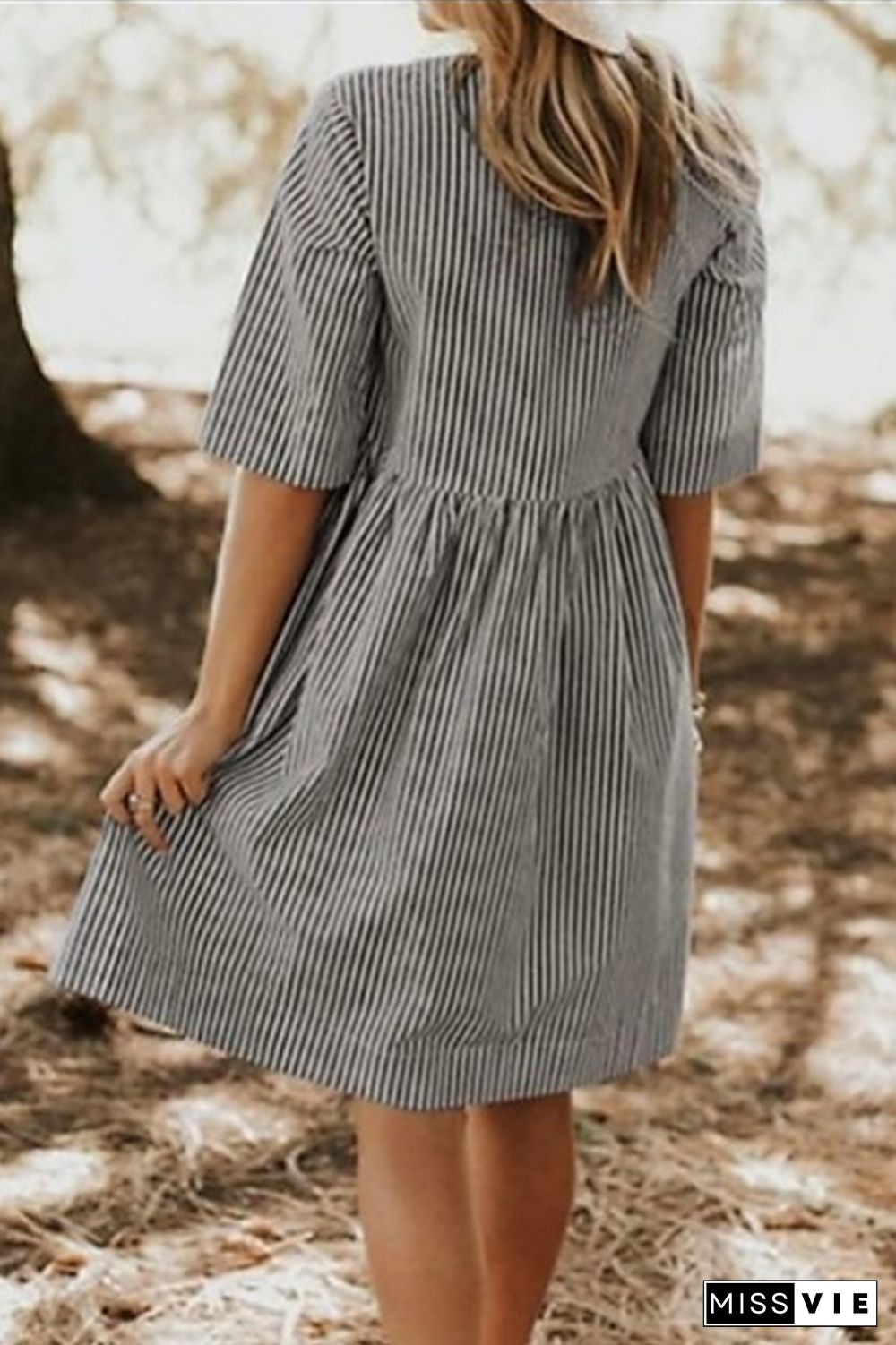 Casual Striped Pocket O Neck The Midi Dresses(2 Colors)