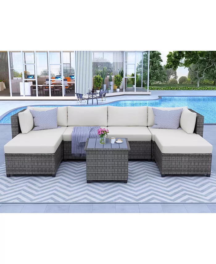 Simplie Fun 7 Piece Rattan Sectional Seating Group with Cushions Outdoor Ratten Sofa