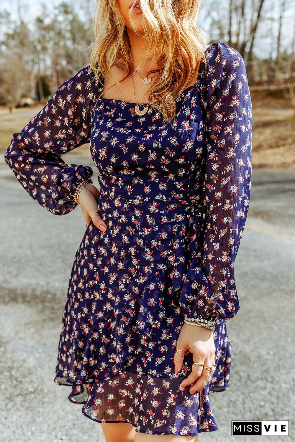 Blue Floral Print Smocked Square Neck Bubble Sleeve Dress