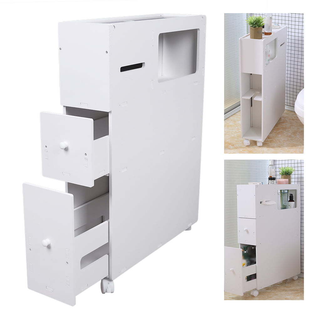 ANQIDI Toilet Side Cabinet, PVC White Low Cabinet Movable Narrow Cabinet Floor-To-Ceiling Bathroom Cabinet 20.5*6.4*29.5 In