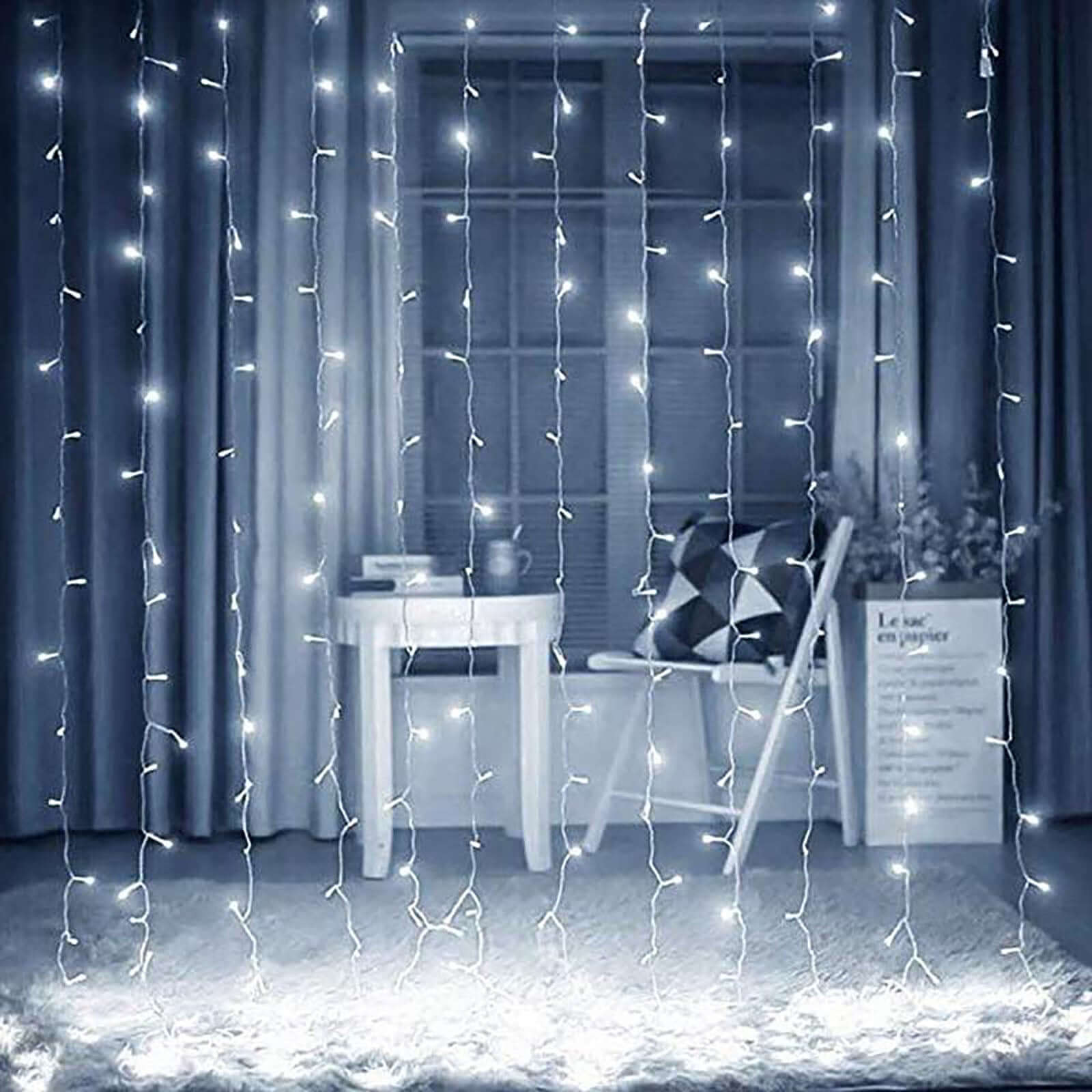 Cool White 300 LED Icicle Curtain Fairy String Lights with 8 Modes 10ft