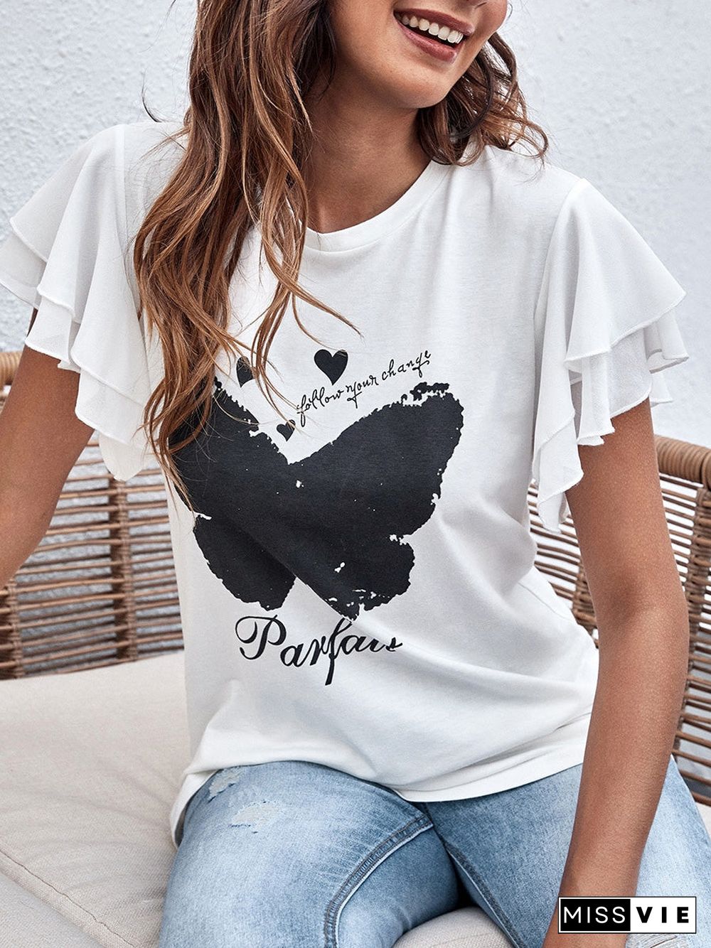 Women'S T-Shirts Butterfly Print Crew Neck Ruffle T-Shirt