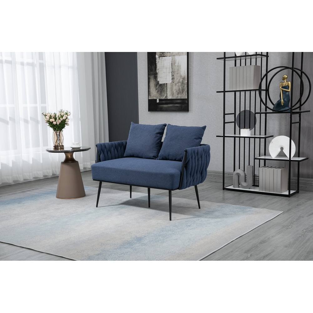 Modern Hand Woven Upholstered Sofa Chair  Navy Linen Accent Chair  Living Room Lounge Armrest Sofa with Metal Frame