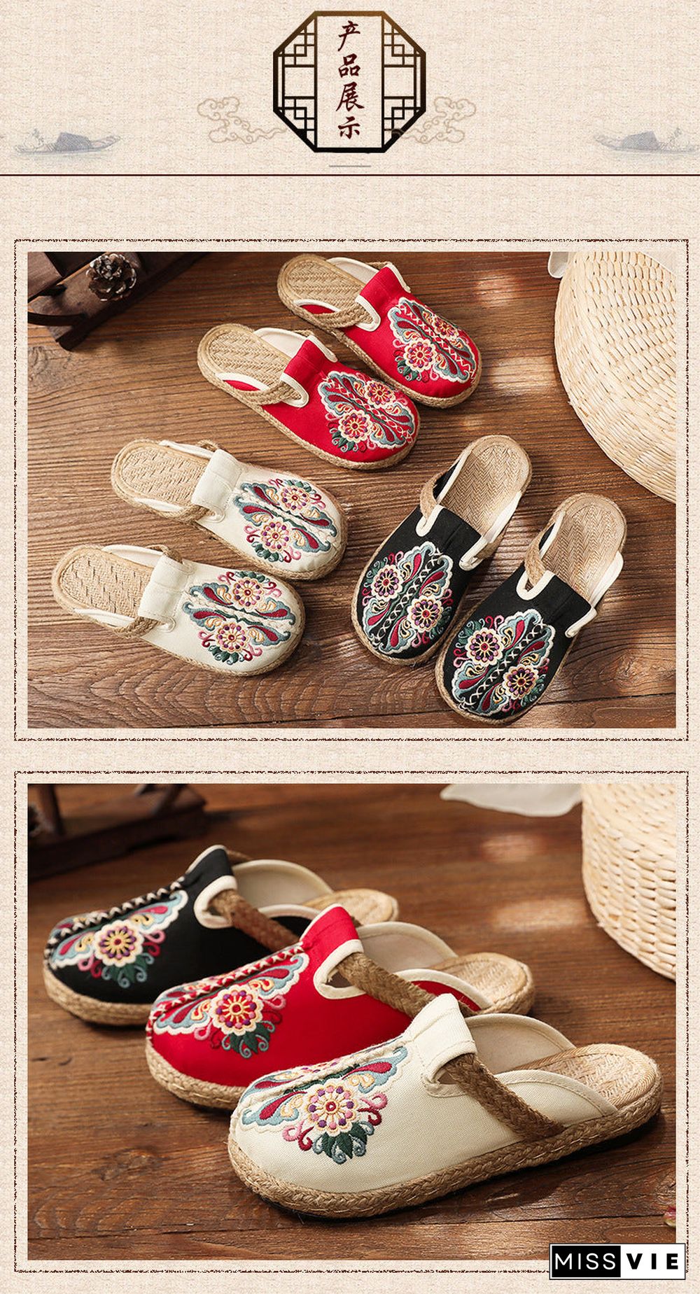 Linen Floral Shoes flip flop Flats