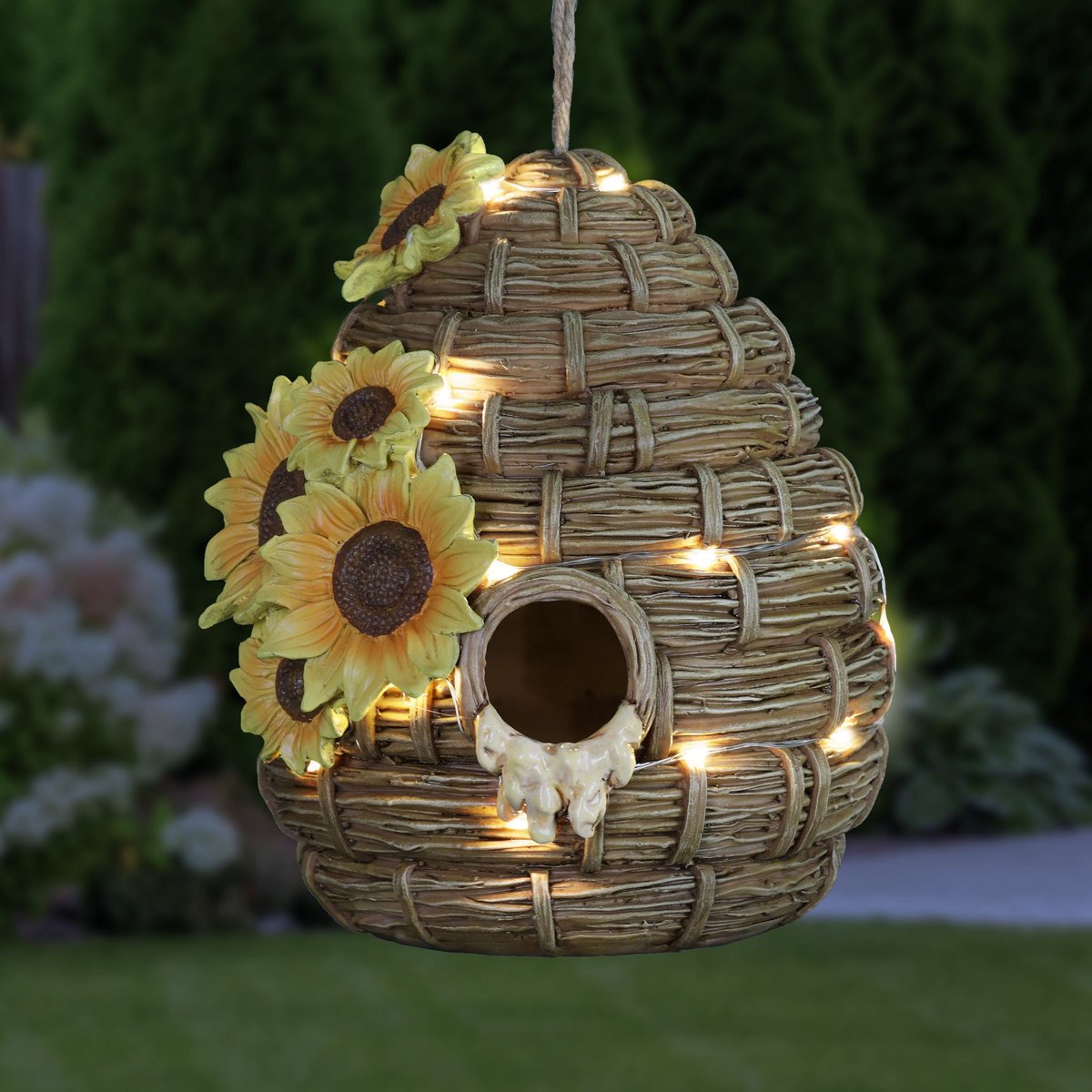 Exhart Solar Sunflower Hand Painted Bee Hive Hanging Bird House