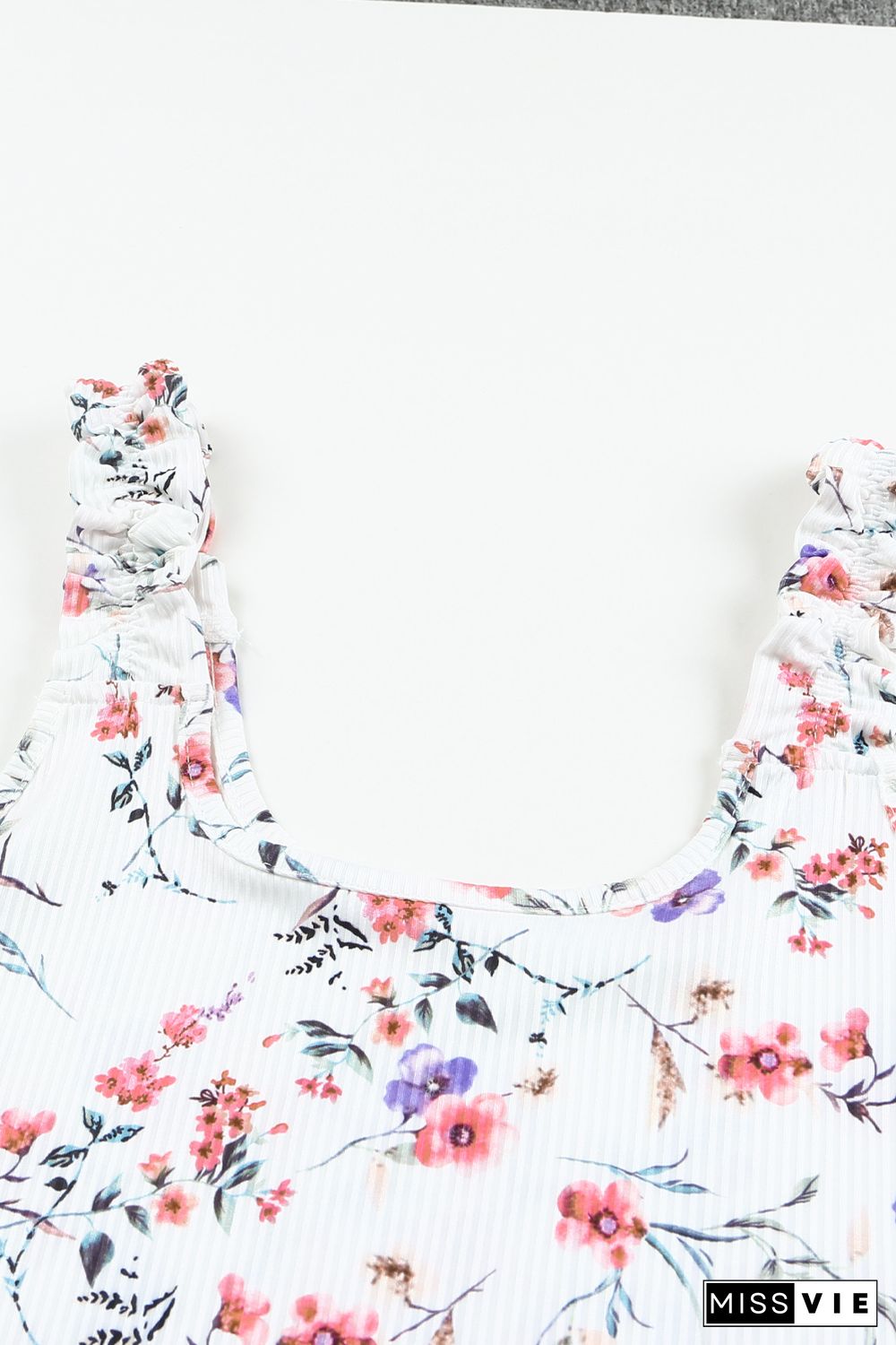 White Ruffle Straps Floral Rib Knit Tank Top