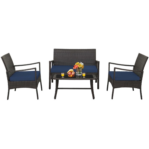 Costway 4pcs Patio Rattan Wicker Furniture Set Cushioned Sofa Armrest Coffee Table Navy