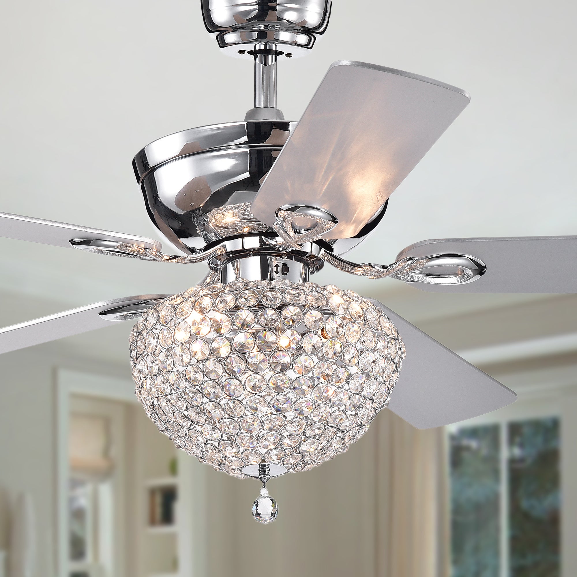 Swarna Chrome 5-blade 52-inch Lighted Ceiling Fan with Crystal Bowl Chandelier (Remote Controlled)