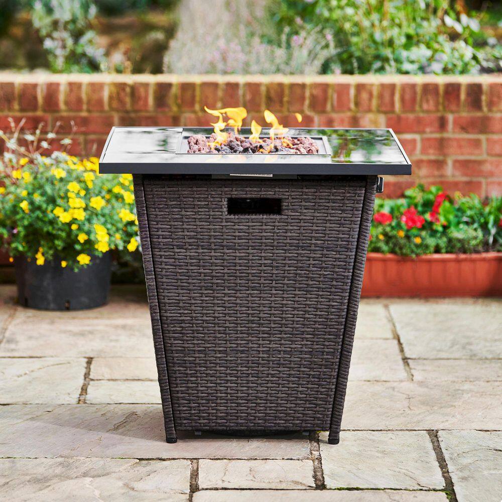 Teamson Home 30 in. Rattan Base Tempered Glass Top Propane Firepit with Lava Rock Metal Lid and Regulator HF30200AA