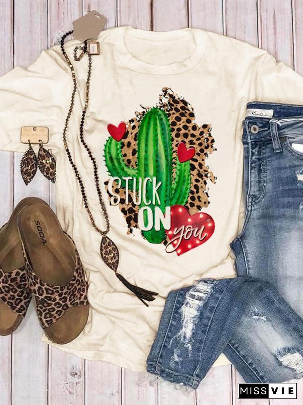 Women Cactus And Heart-Shape Pattern T-Shirt