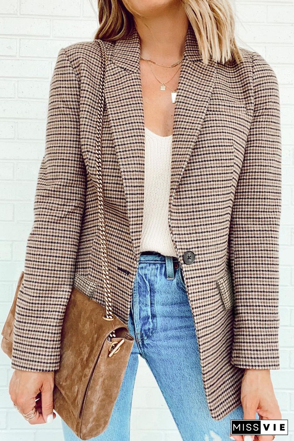 Khaki Plaid Print Lapel Collar Buttoned Blazer