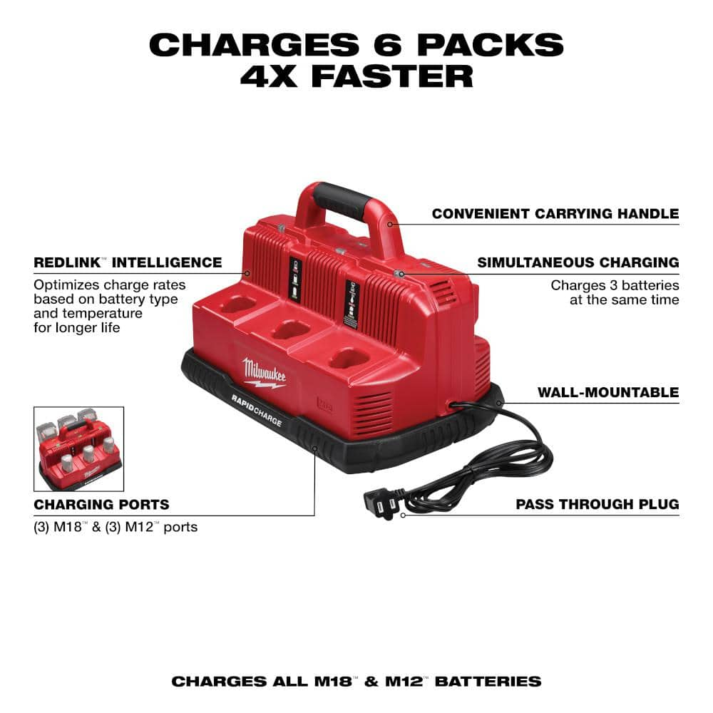 Milwaukee M12 and M18 12-Volt/18-Volt Lithium-Ion Multi-Voltage 6-Port Sequential Rapid Battery Charger (3 M12 and 3 M18 Ports) 48-59-1807