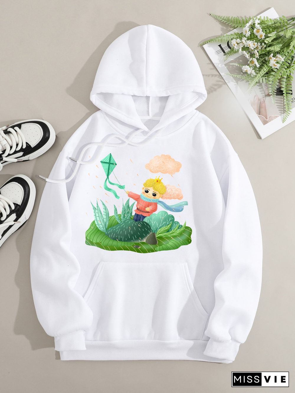 Printed on front Kangaroo Pocket Hoodie Long Sleeve for Women Pattern The Little Prince