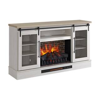 Home Decorators Collection Bramble 63 in. Freestanding Electric Fireplace TV Stand w Sliding Mesh Barn Door in White w Washed Blonde Walnut Top 1361FM-26-352