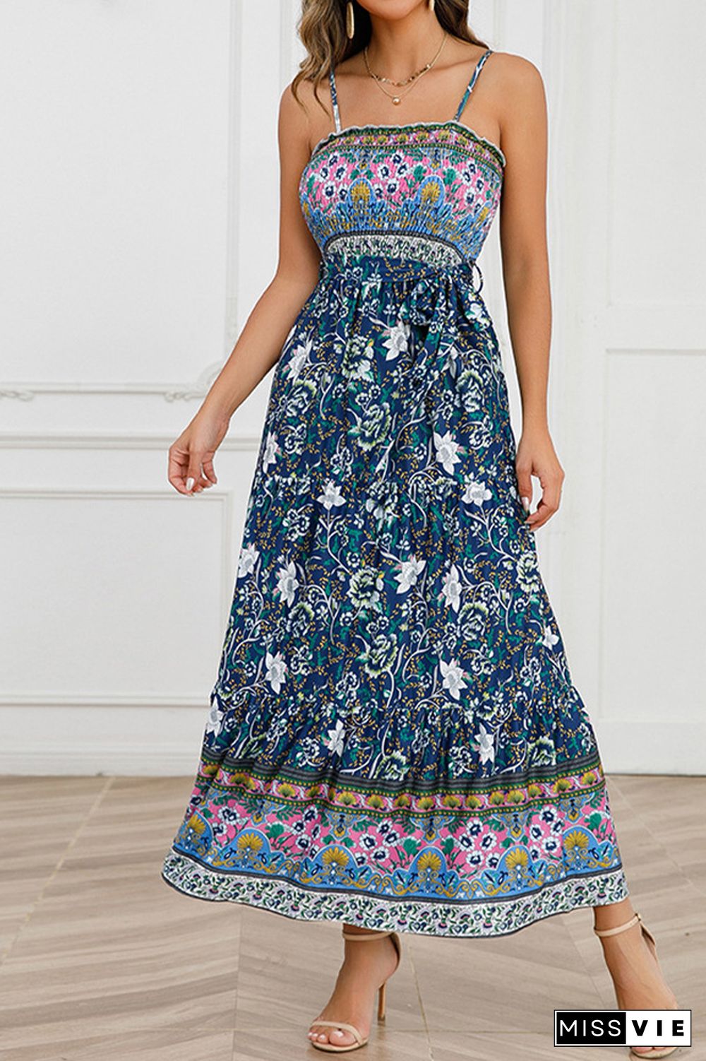 Boho Floral Print Smocked Bandeau Spaghetti Strap Maxi Dress