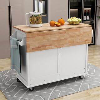 White Rubberwood Drop-Leaf Countertop 52.2 in. Kitchen Island Cart Sliding Barn Door with Storage and 2-Drawer EC-KIWW-9161