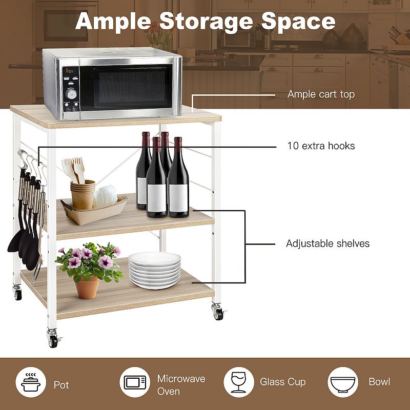 3-Tier Kitchen Baker's Rack Microwave Oven Storage Cart with Hooks