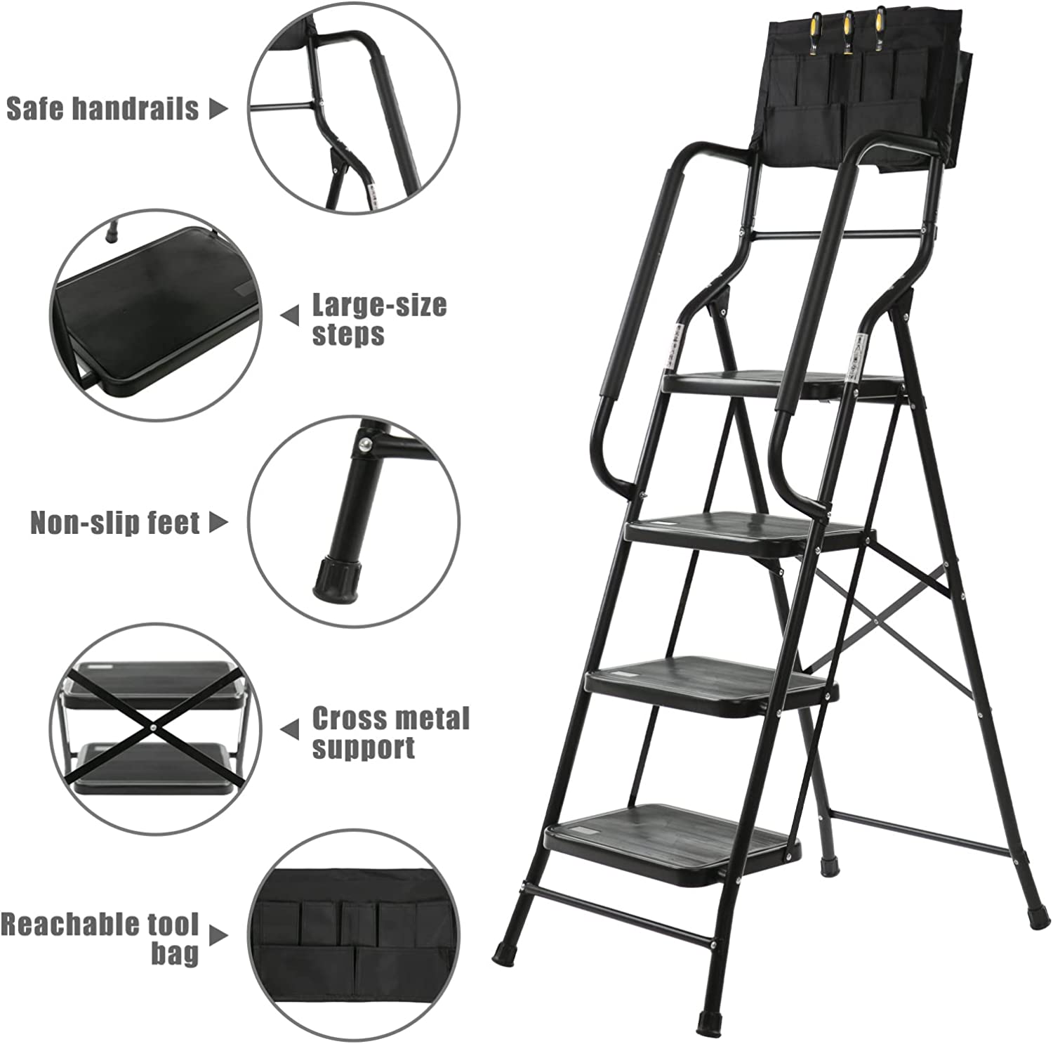 Usinso 4 Step Ladder Tool Ladder Folding Portable Steel Frame MAX 500 lbs Non-Slip Side armrests Large Area Pedals Detachable ToolBag Suitable for Home Office Engineering（Black）