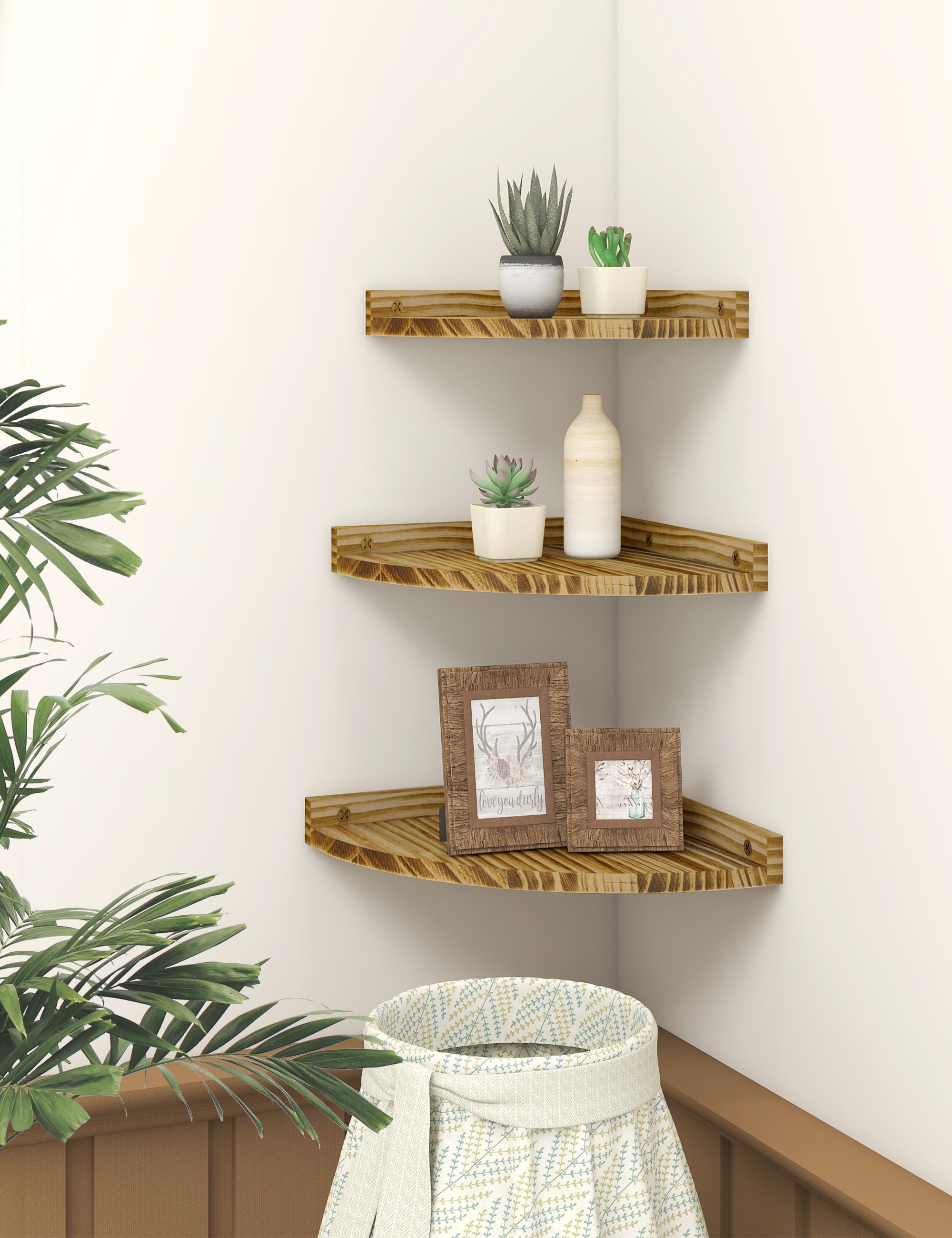 Afuly Floating Corner Shelves for Wall, Rustic Solid Brown Wood Wall Mounted Corner Shelf, 3psc