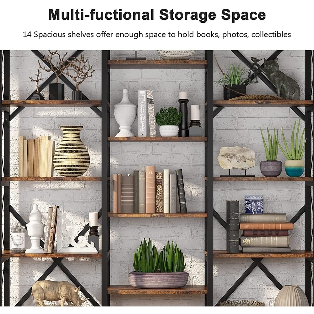 Open Triple Wide 5 Shelf Bookcase  Industrial Etagere Bookshelf for Home   Office