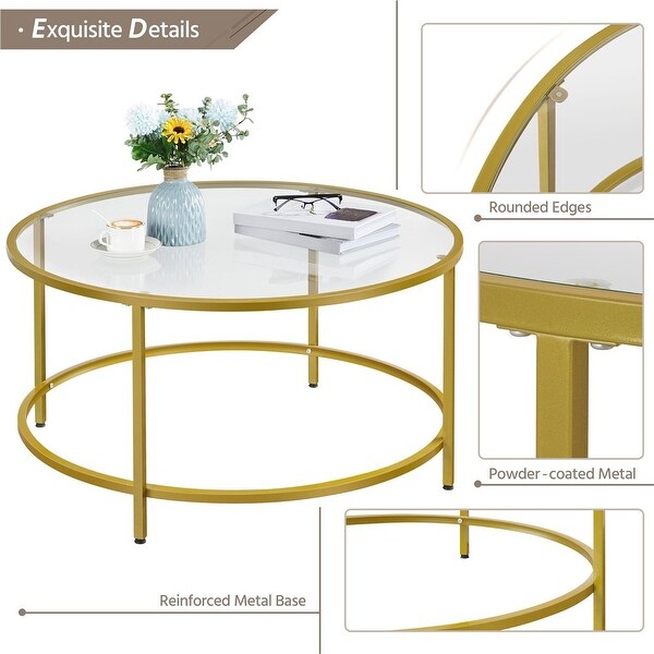 Round Modern Glass-Top Coffee Table， Gold