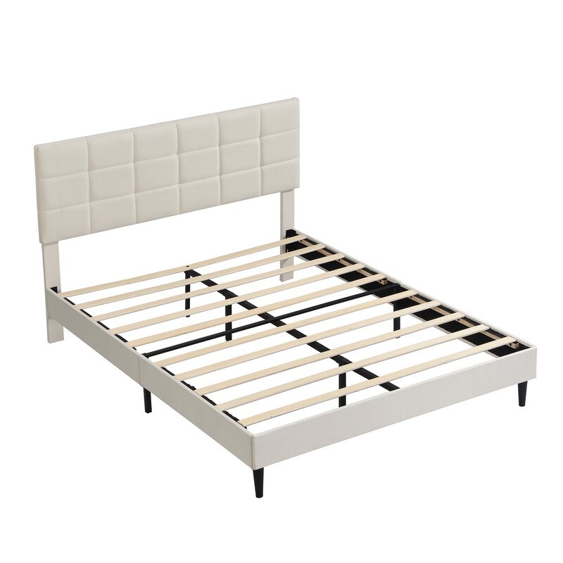 Beige Upholstered Platform Bed with Fabric Upholstered Headboard and Wooden Slats