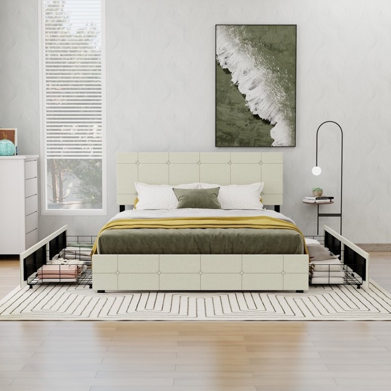 NNV Upholstered Platform Bed Frame with 4 Storage Drawers  Button Tufted Design