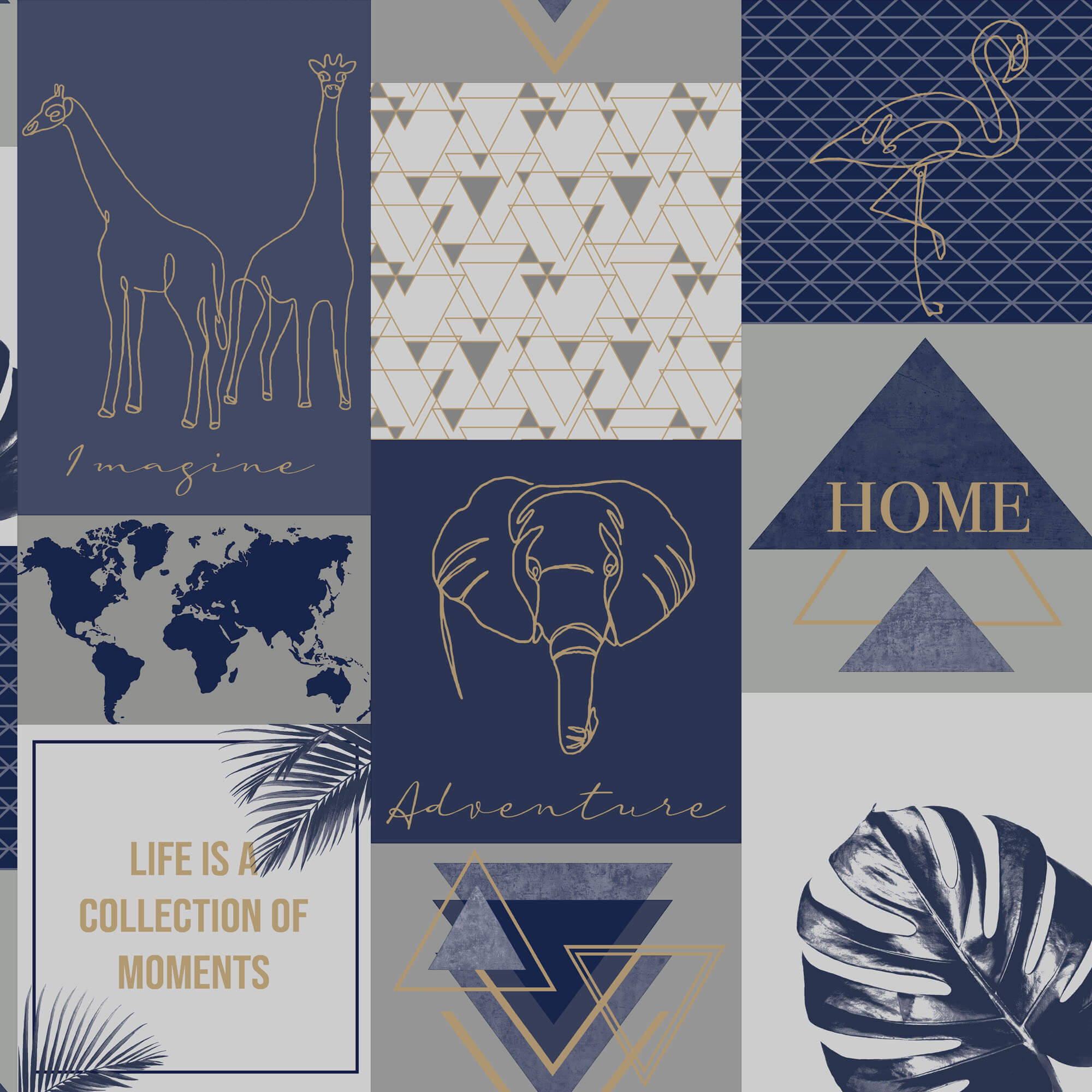 Sample Metallic Collage Wallpaper in Navy and Gold