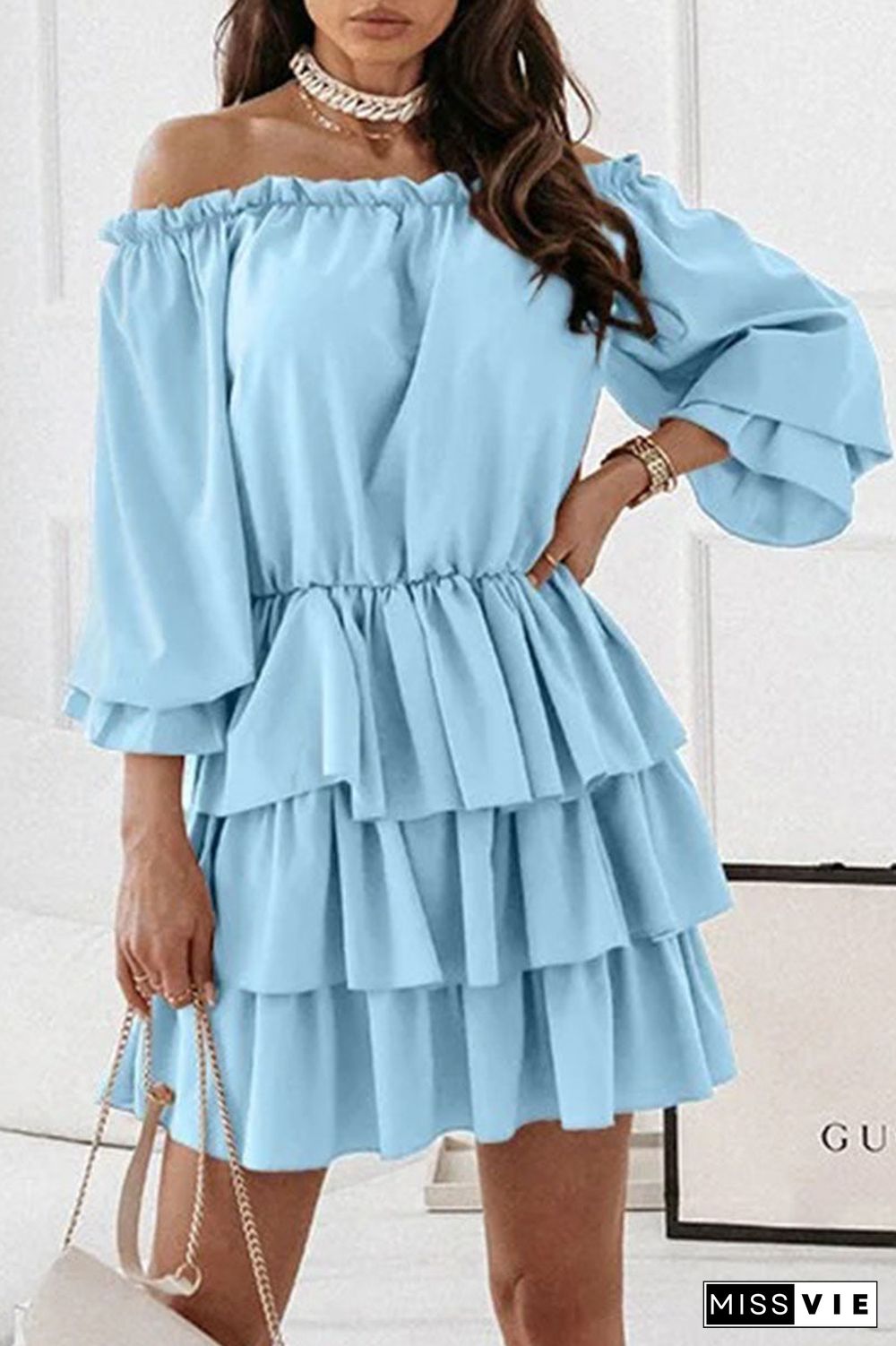 Fashion Casual Solid Split Joint Off The Shoulder Cake Skirt Dresses(6 Colors)