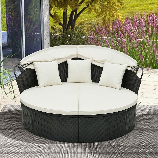 Tangkula Patio Round Daybed Wicker Daybed W Retractable Canopy Separated Seating Sectional Sofa