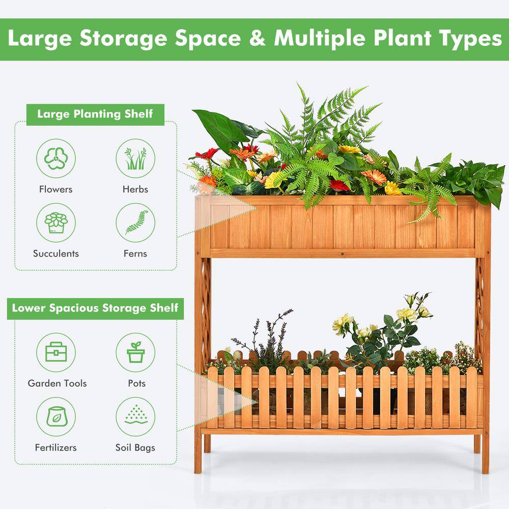 HONEY JOY Outdoor 2-Tier 35.5 in. H Natural Wood Planter Raised Garden Bed Elevated Planter Box Kit with Liner and Shelf TOPB005758