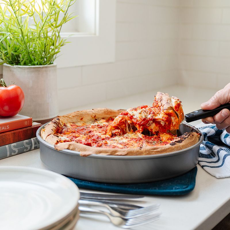 Chef Pomodoro Chicago Deep Dish Pizza Pan， 12-inch， Hard Anodized Aluminum， Pre-seasoned Bakeware