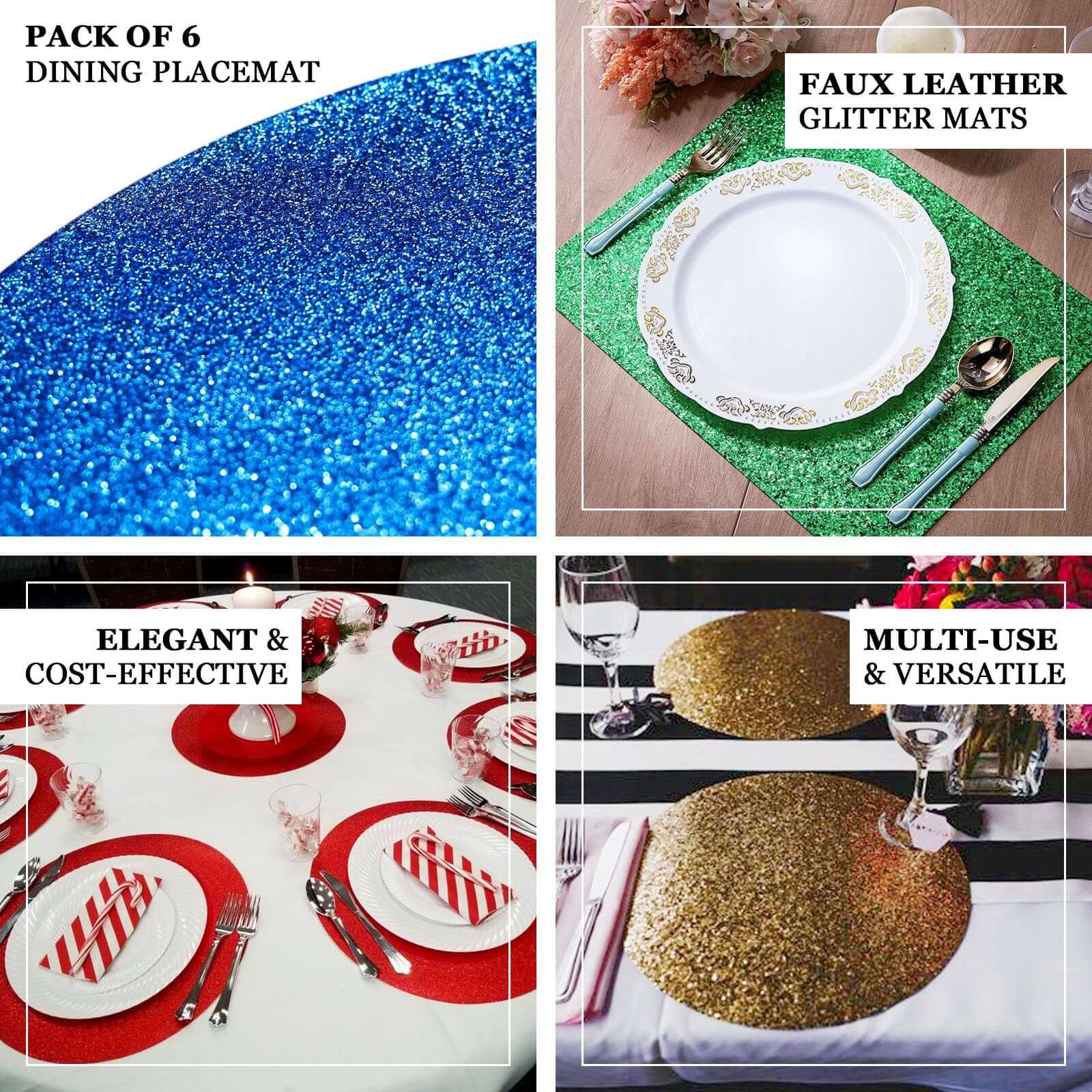 6 Pack Dusty Blue Sparkle Placemats, Non Slip Decorative Round Glitter Table Mat