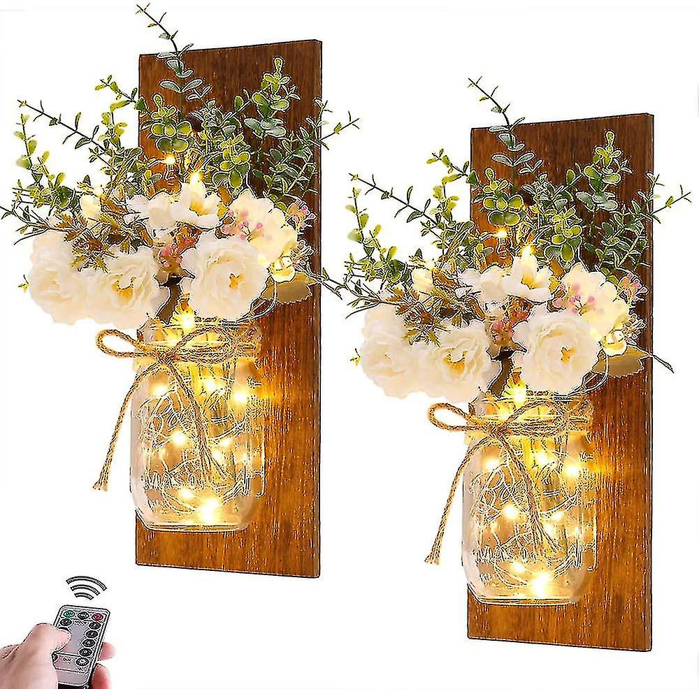 2pcs Rustic Wall Sconces Mason Jar Wall Light With Led Fairy Strip Lights Home Decoration