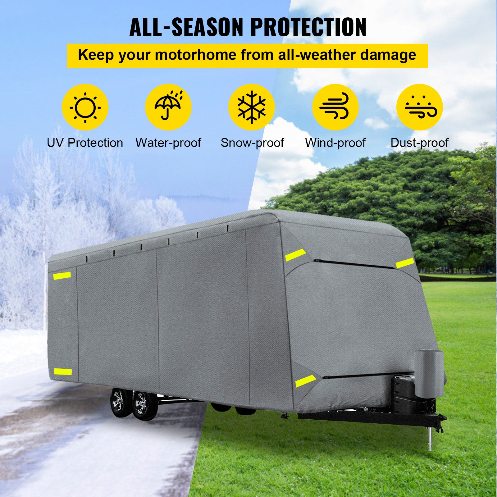 VEVOR RV Cover 27'-30' RV and Trailer Cover Extra-Thick 4 Layers Travel Trailer RV Cover Durable Camper Cover， Waterproof Breathable Anti-UV Ripstop for RV Motorhome with Adhesive Patch and Storage Bag