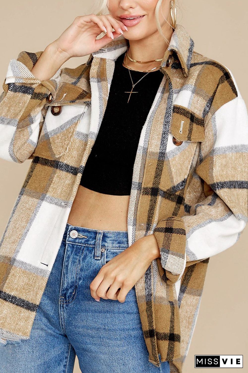 Plaid Button Front Shacket Jacket with Pockets Women Wholesale