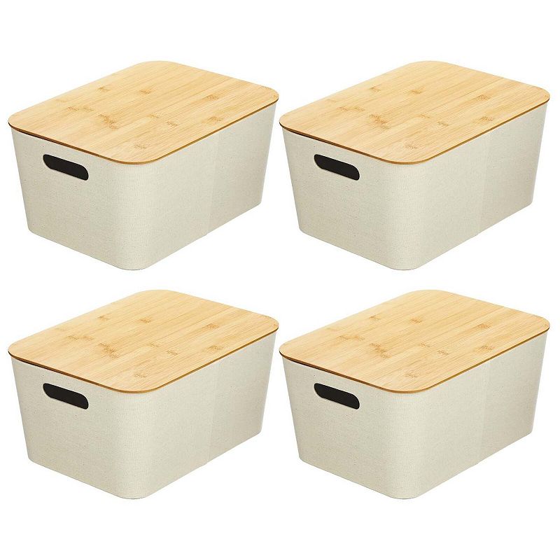 mDesign Fabric Stacking Storage Bin Box and Wood Lid Cover， 4 Pack